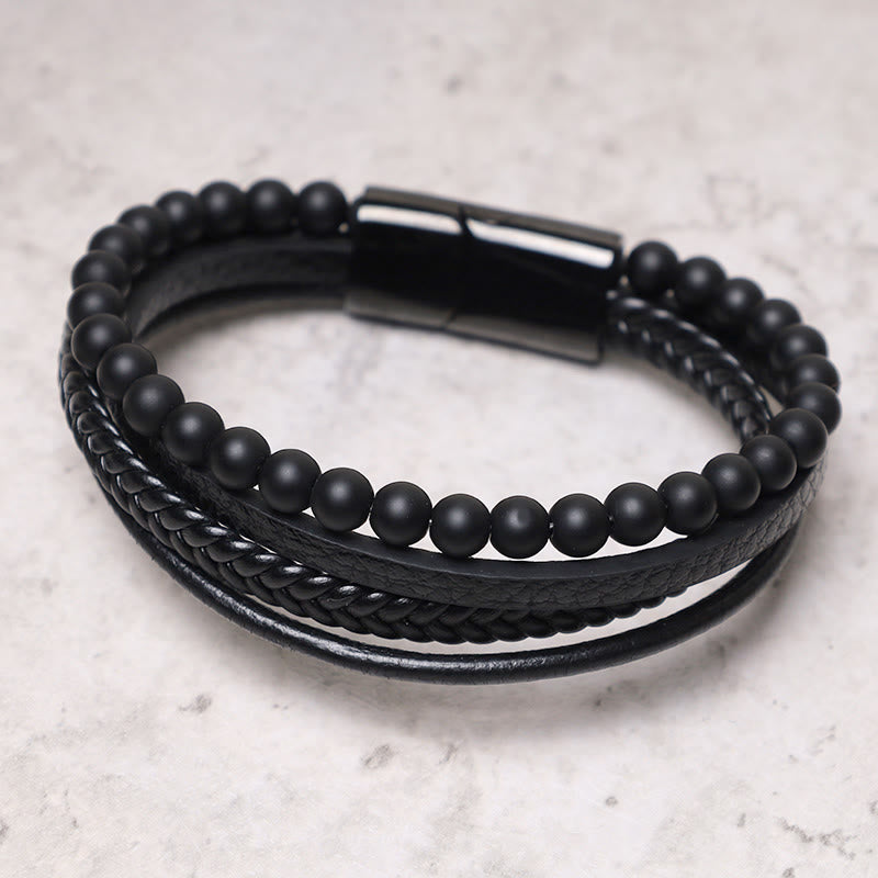 Buddha Stones, natürliches Lavagestein, schwarzes Onyx-Perlen-Lederarmband