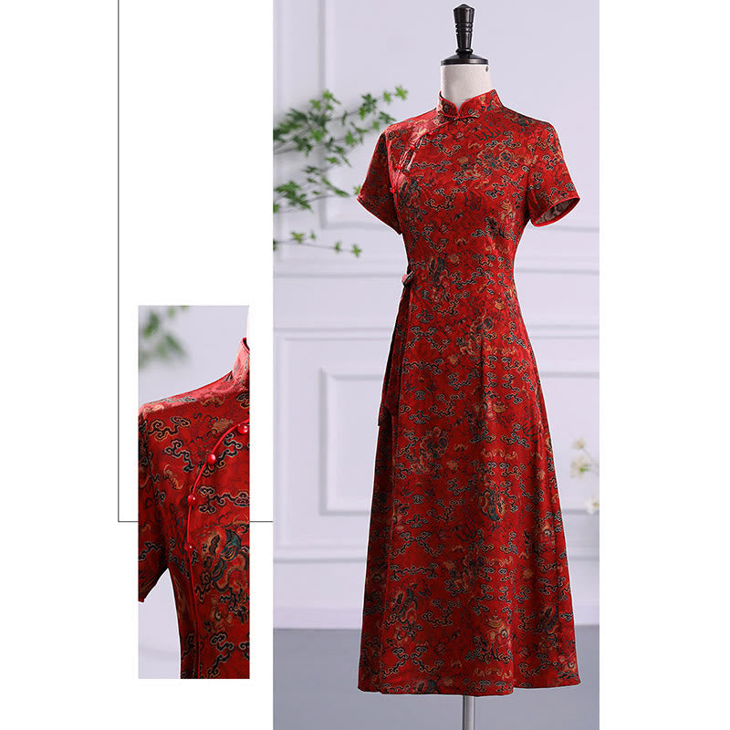 Buddha Stones Vintage Auspicious Clouds Leaf Print Cheongsam Kleid Damen Qipao Kleid