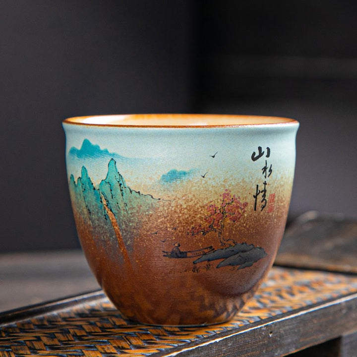 Buddha Stones, bunt, Hirsch, Pipa, Schnee, Pflaumenblüten, Berge, Flüsse, Vogel, Keramik-Teetasse, Kung-Fu-Teetasse, Schüssel