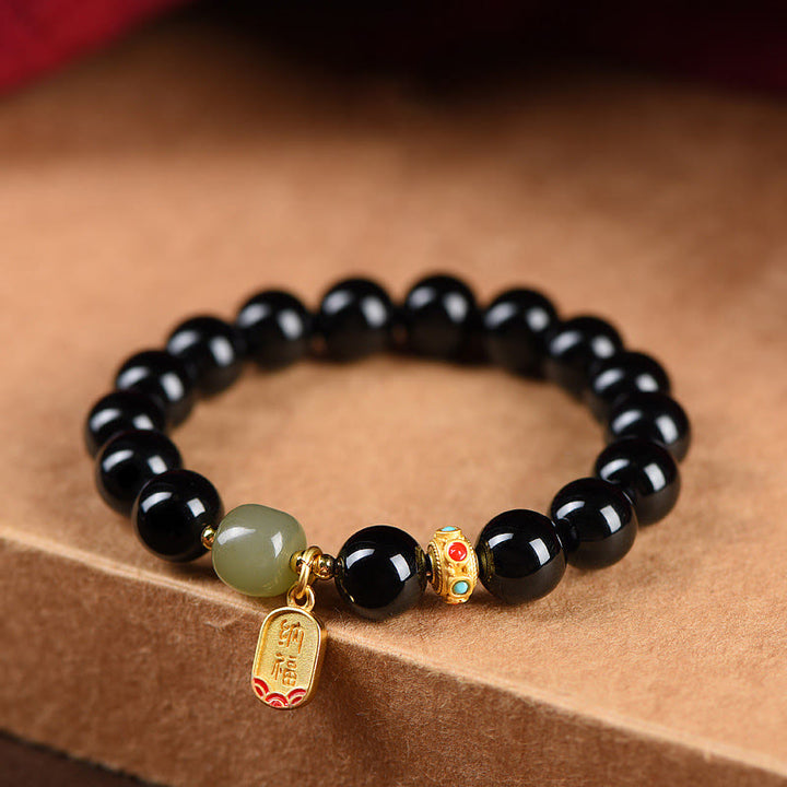 Buddha Stones, schwarzer Onyx, Hetian-Jade-Perlen, Glücksbringer-Charm-Armband