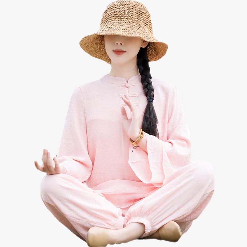 Buddha Stones 2-teiliges schlichtes Design-Oberteil, Hose, Meditation, Yoga, Zen, Tai Chi, Baumwoll-Leinen-Kleidung, Damen-Set