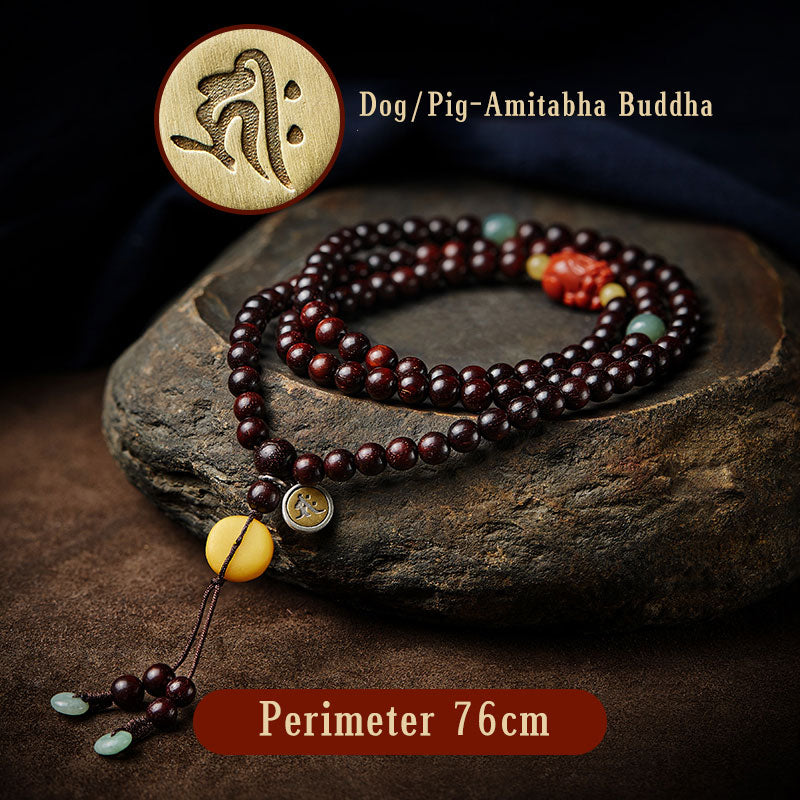Buddha Stones, chinesisches Sternzeichen, Natal-Buddha, 108 Mala-Perlen, kleines Blatt, rotes Sandelholz, roter Achat, PiXiu-Schutzarmband