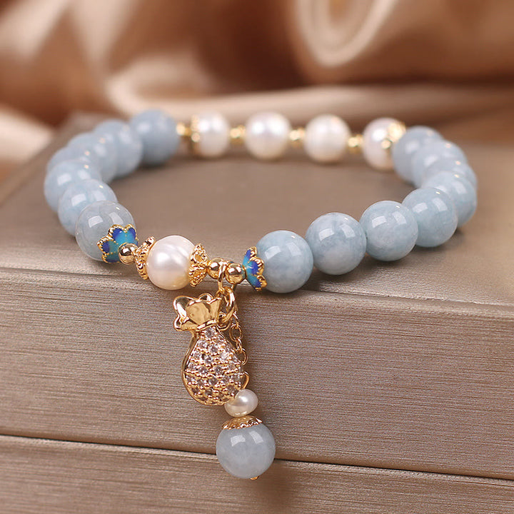 Buddha Stones, Aquamarin-Perlen-Glücksbeutel-Charm-Armband