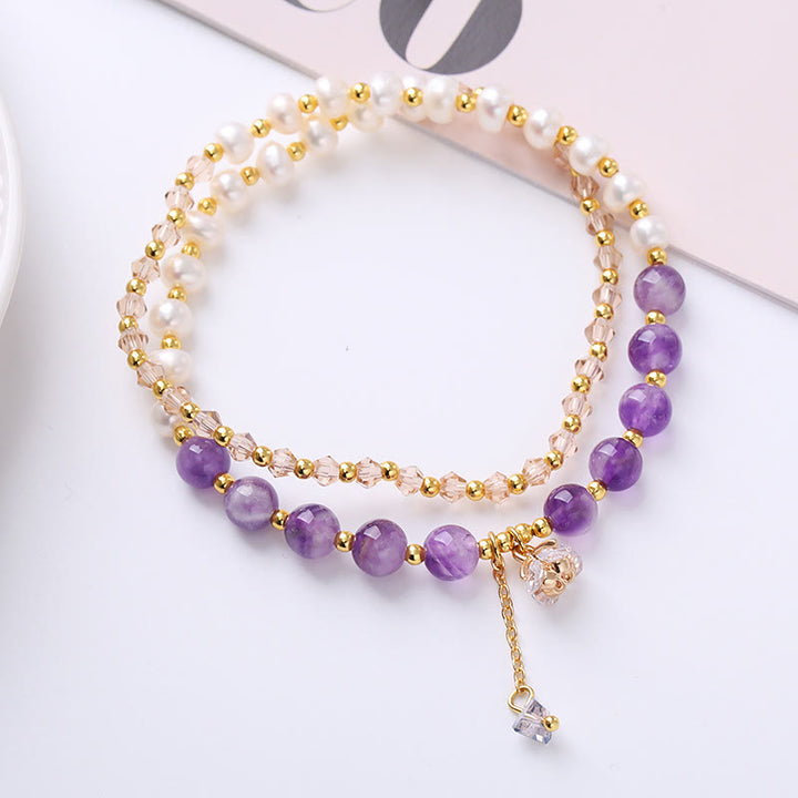 Natürliches Amethyst-Aquamarin-Erdbeerquarz-Perlen-Friedensheilungs-Doppelwickelarmband