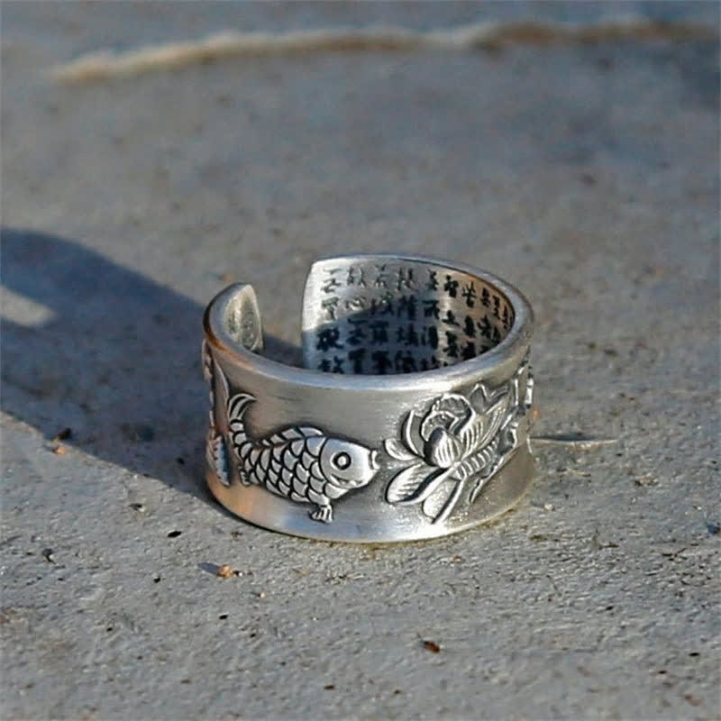 999 Sterling Silber Glück Koi Fisch Lotus Herz Sutra Reichtum Ring