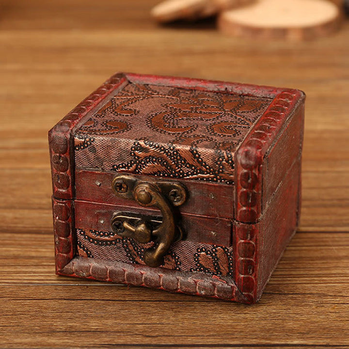 Buddha Stones Retro Kleine Quadratische Holz Schmuck Box Lotus Gras Blume Traube Kupfer Münze Narzisse Schmuck Lagerung Box