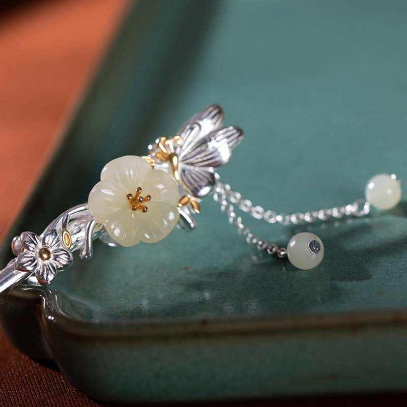 925 Sterling Silber Hetian Weiß Jade Blumen Segen Haarnadel