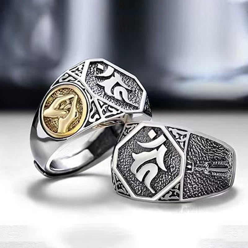 Verstellbarer Ring aus 925er-Sterlingsilber mit Buddha Stonesn, Sanskrit-Design, geschnitzter Schutz