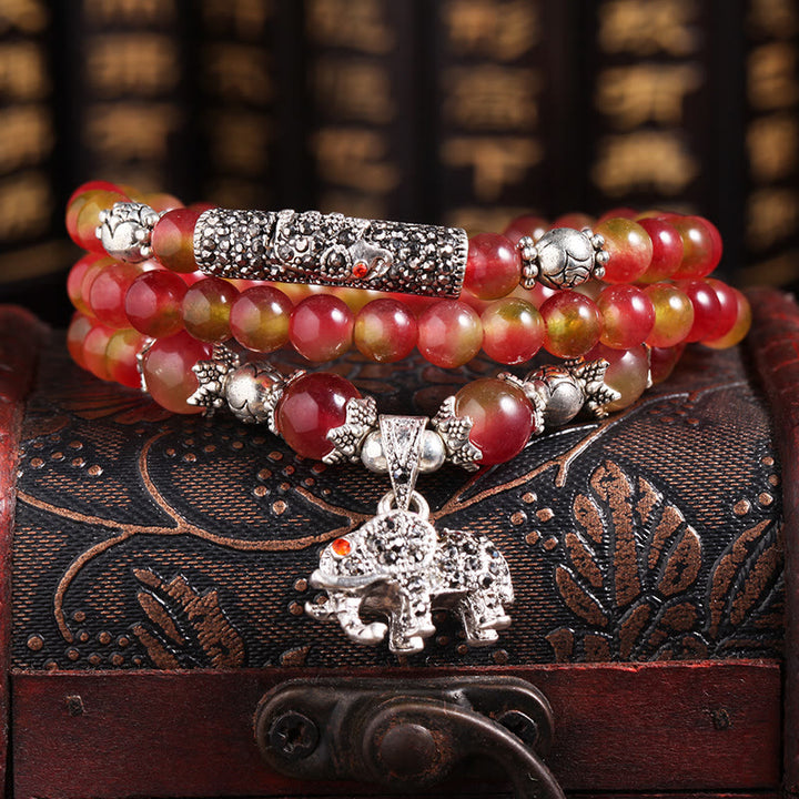 Buddha Stones Natürlicher Wassermelonen-Turmalin PiXiu Elephant Positive Triple Wrap Armband