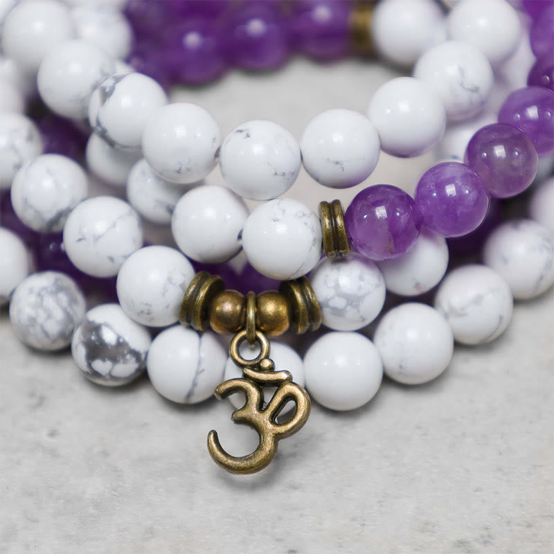 108 Mala-Perlen, Amethyst, Weiß, Türkis, OM-Heilmeditation, Energiearmband