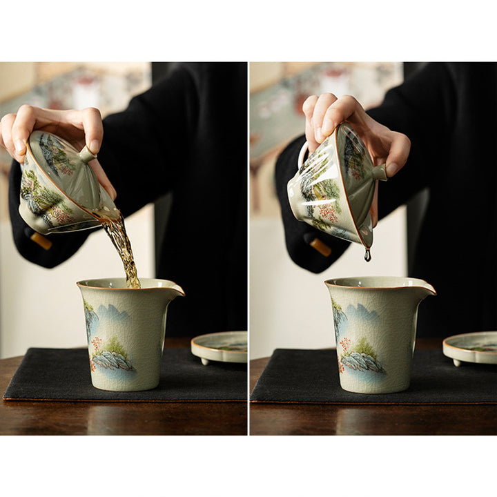 Buddha Stones Kiefer Berg Wald Landschaft Keramik Gaiwan Sancai Teetasse Kung Fu Teetasse und Untertasse mit Deckel