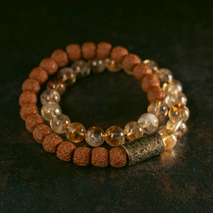 Buddha Stones Natürliches Citrin-Kristall-Rudraksha-Bodhi-Samen-Messingperlen-Wohlstands-Doppelwickelarmband