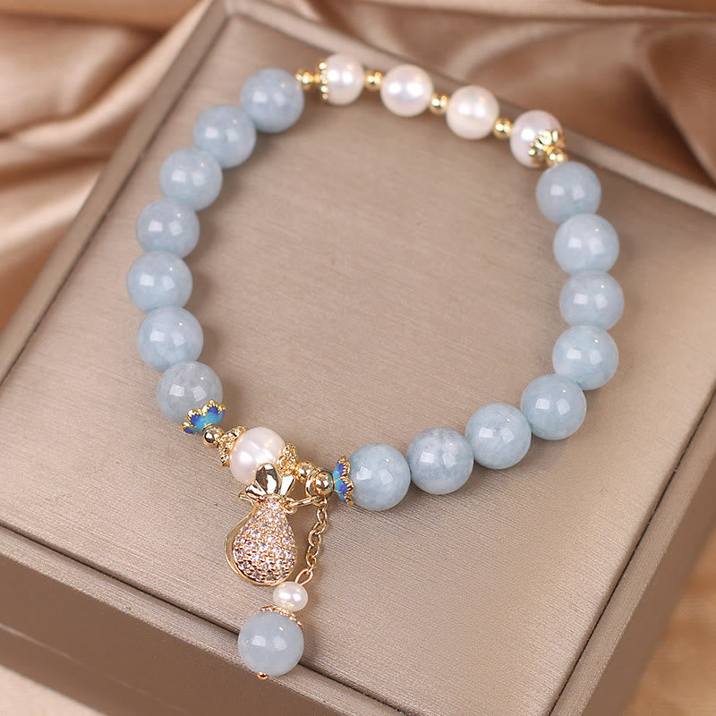 Buddha Stones, Aquamarin-Perlen-Glücksbeutel-Charm-Armband