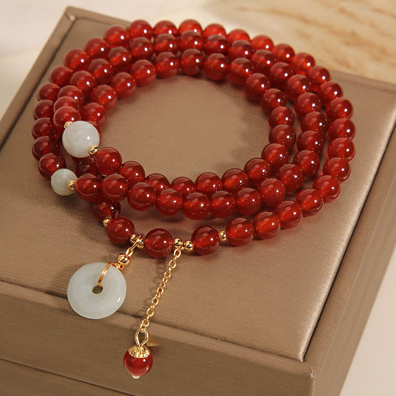 Buddha Stones Natürliches rotes Achat-Jade-Peace-Schnalle-Calm-Dreifach-Wickelarmband