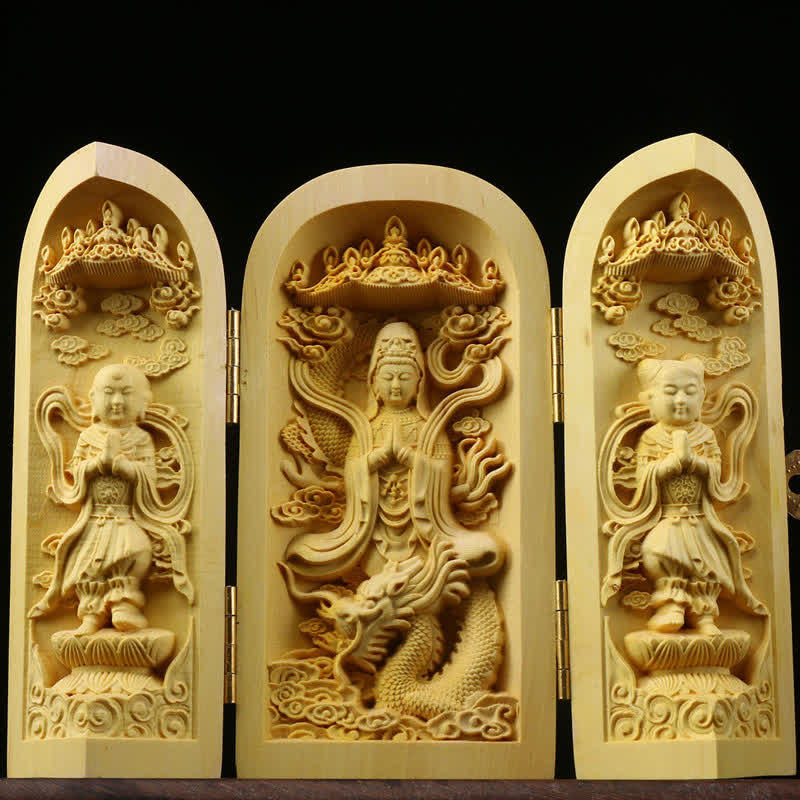 Handgeschnitzter tragbarer Buddha-Buchsbaum-Serenity-Home-Deko-Altar