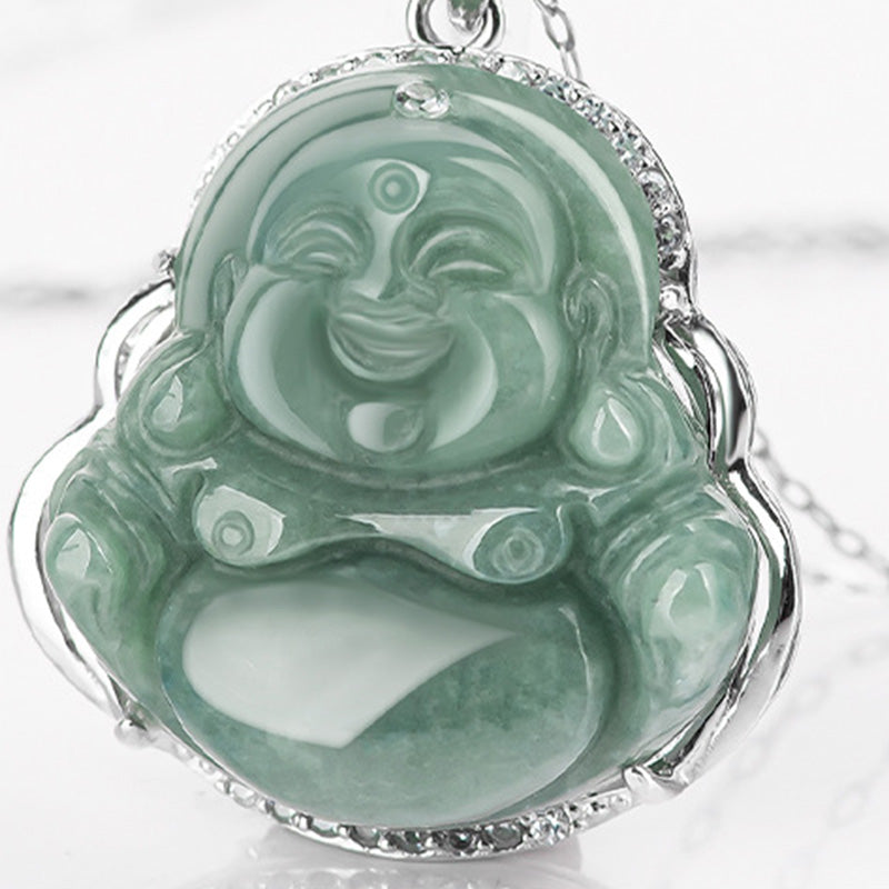 Buddha Stones 925 Sterling Silber Lachender Buddha Jade Fülle Halskette Kettenanhänger