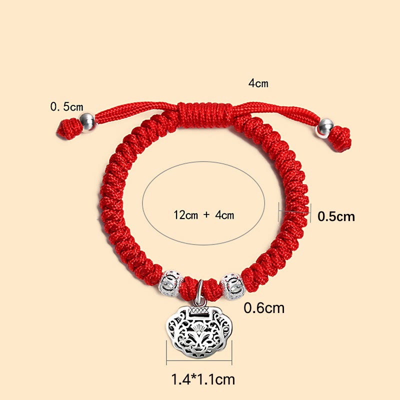 Buddha Stones 925 Sterling Silber Chinesisches Schloss Charm Mehrfarbig Rot Schnurschutz Handgefertigtes geflochtenes Kinderarmband