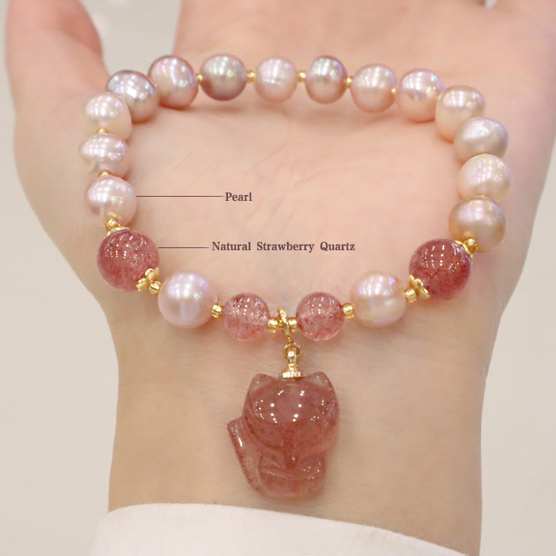 Buddha Stones Natürliches Perlen-Erdbeerquarz-Charm-Armband mit süßem Fuchs-Liebesheilung