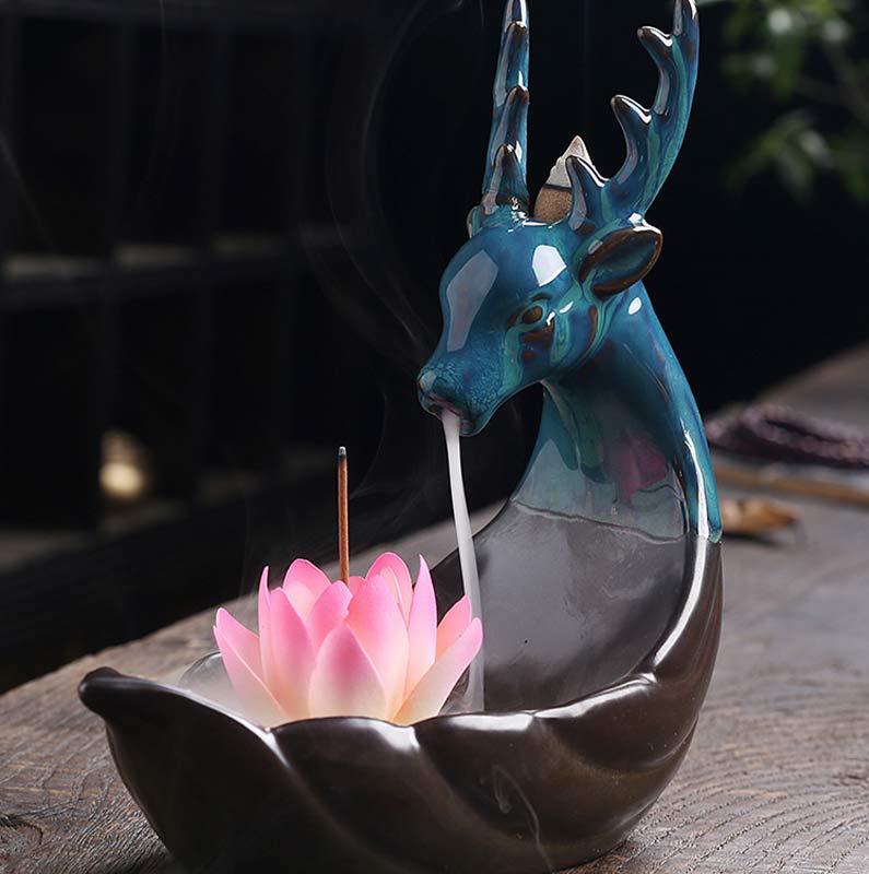 Buddha Stones Little Deer Keramik Lotus Meditation Räuchergefäß Dekoration
