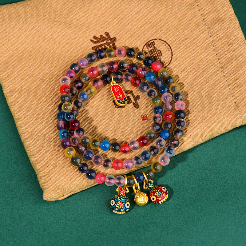 Dreifach gewickeltes Armband mit Buddha Stonesn, buntem Bonbon-Achat und Gold, schluckendes Tier, Familienstärke, Charm