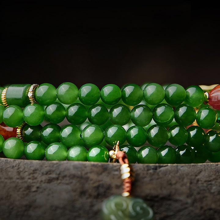 Buddha Stones 108 Mala Perlen Cyan Jade Roter Achat Lachender Buddha Glücksarmband