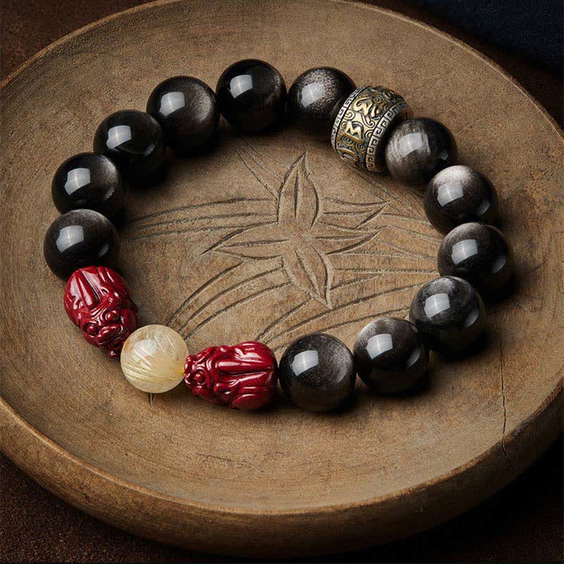 Buddha Stones Gold Sheen Obsidian PiXiu Cinnabar Om Mani Padme Hum Schutzarmband