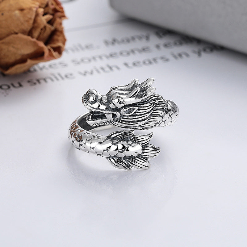 Buddha Stones 925 Sterling Silber Jahr des Drachen Glück Stärke verstellbarer Metallring
