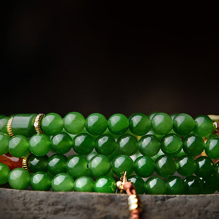 Buddha Stones 108 Mala Perlen Cyan Jade Roter Achat Lachender Buddha Glücksarmband