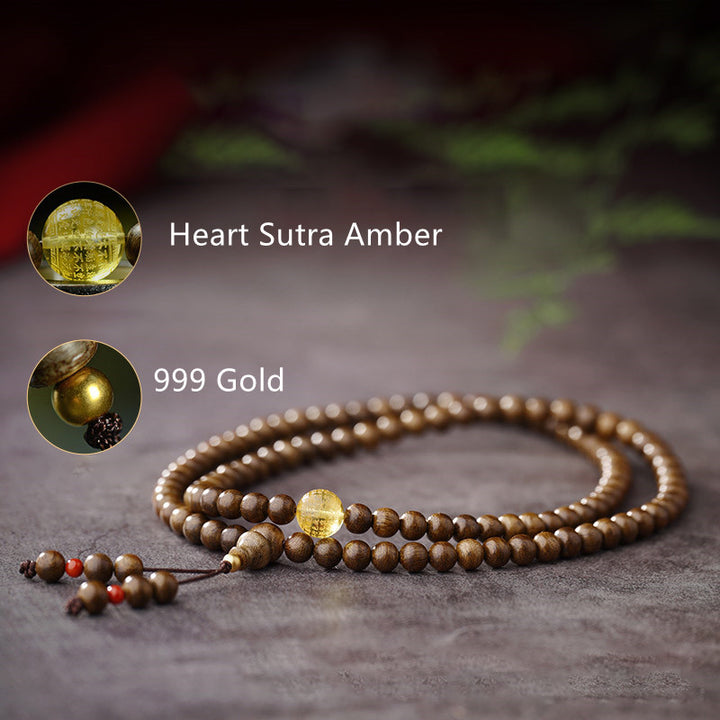 Buddha Stones, 108 Mala-Perlen, 999 Gold, Brunei-Adlerholz, Herz-Sutra, Bernstein, roter Achat, Kraft-Meditationsarmband