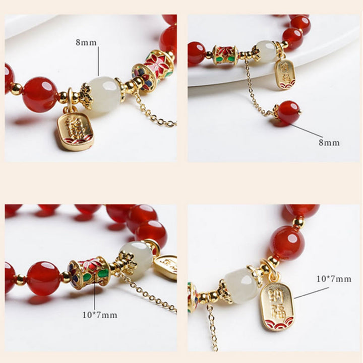 Buddha Stones Natürliches rotes Achat-Hetian-Jade-Fu-Charm-Charm-Armband