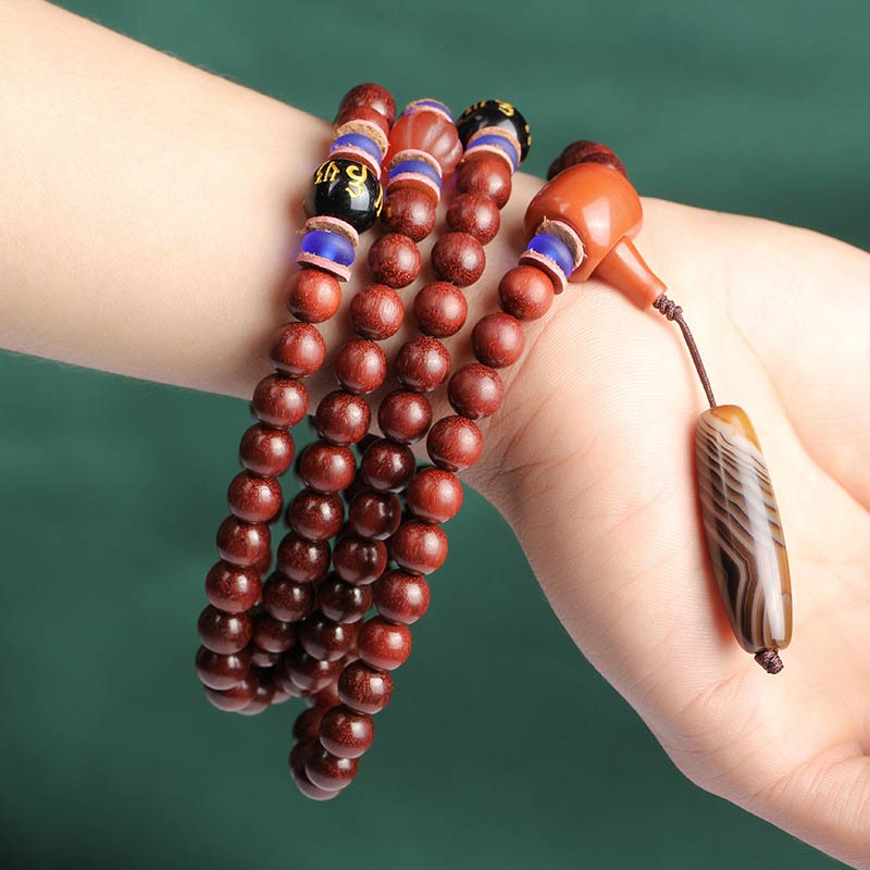Tibetisches Mala-Balance-Halskettenarmband mit kleinen Blättern aus rotem Sandelholz