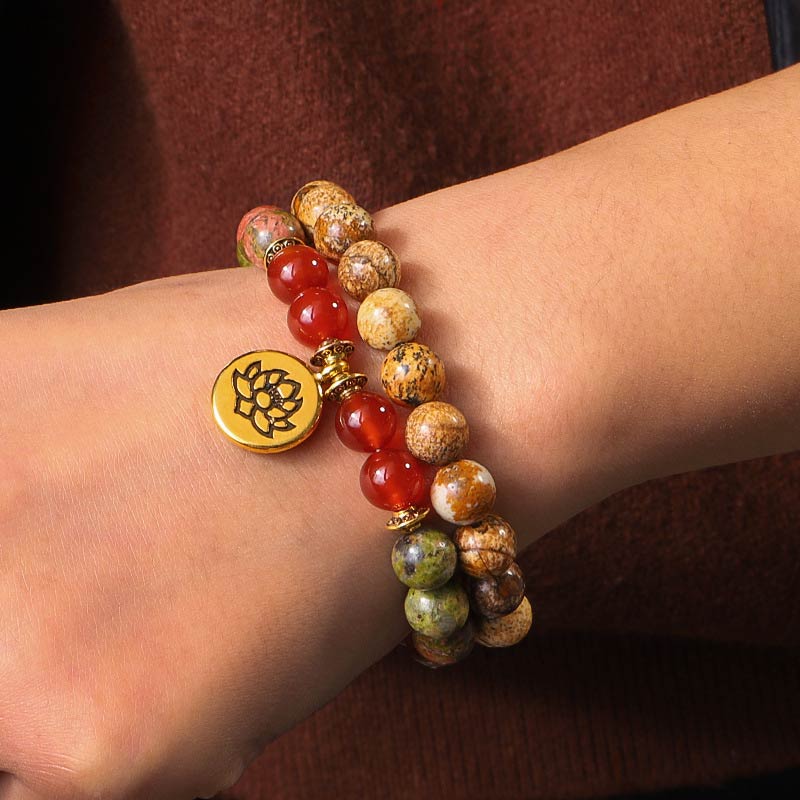 Buddha Stones, tibetisches Bild, Jaspis, positives Lotus-Armband-Set