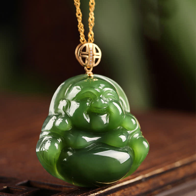 925 Sterling Silber Lachender Buddha Hetian Cyan Jade 18K Gold Success Halskette Kettenanhänger