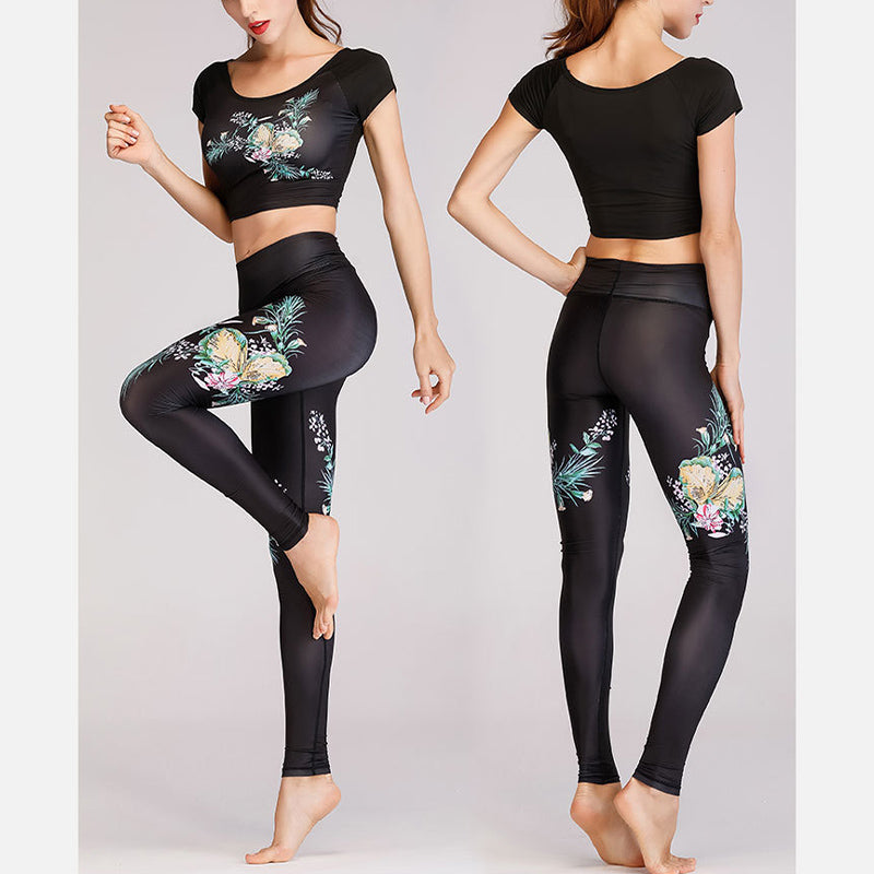 Buddha Stones 2 Stück Lotus Phoenix Frühlingsblumen Pfau Top Hosen Sport Fitness Yoga Damen Yoga Sets