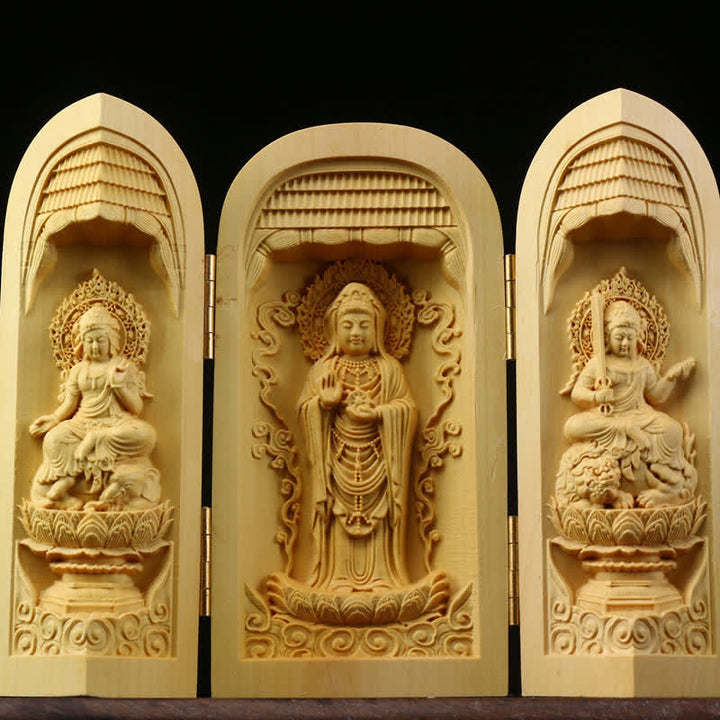 Handgeschnitzter tragbarer Buddha-Buchsbaum-Serenity-Home-Deko-Altar