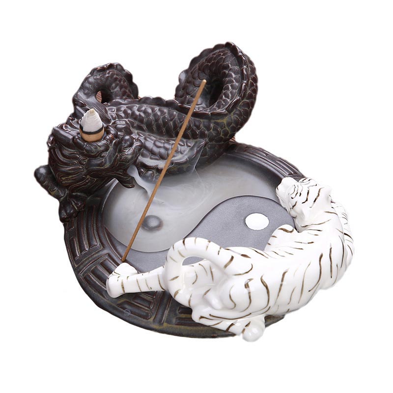 Tiger-Drachen-Rückfluss-Rauchbrunnen, Keramik, Yin-Yang-Segen-Räuchergefäß, Dekoration
