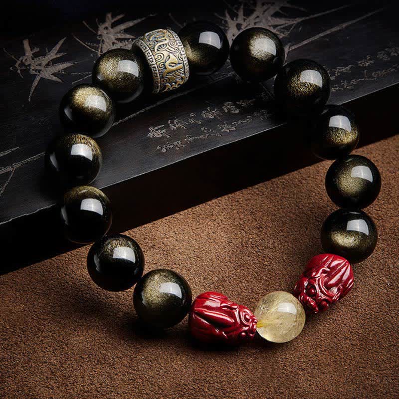 Buddha Stones Gold Sheen Obsidian PiXiu Cinnabar Om Mani Padme Hum Schutzarmband