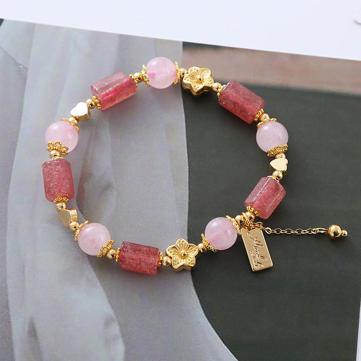 Buddha Stones Erdbeerquarz Rosa Kristall Liebesherz Blume Positives Armband