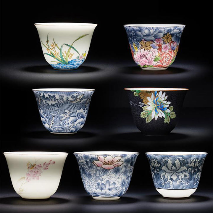 Buddha Stones, bunte Blumen, Orchidee, Meereswellen, blaue und Weiß Porzellan-Keramik-Teetasse, Kung-Fu-Teetasse