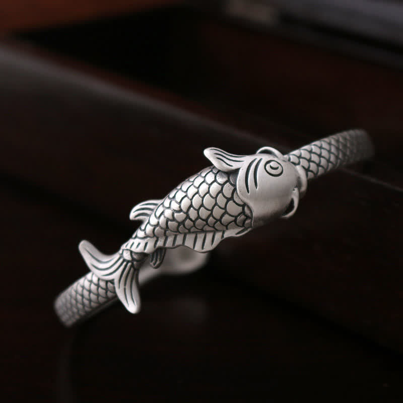 990 Sterling Silber Koi Fisch Lotus Glück Reichtum Armband Armreif