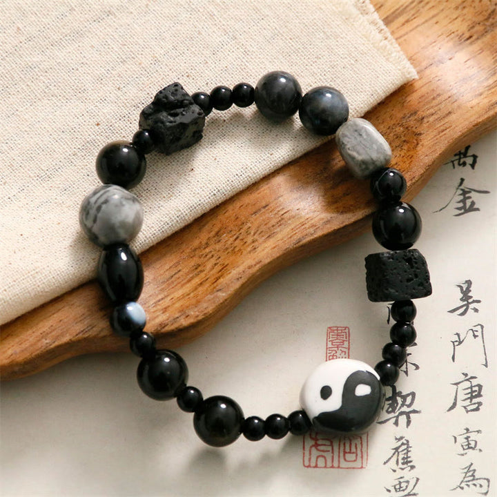 Buddha Stones Schwarzes Onyx-Picasso-Jaspis-Perlen-Yin-Yang-Glücksschutz-Armband