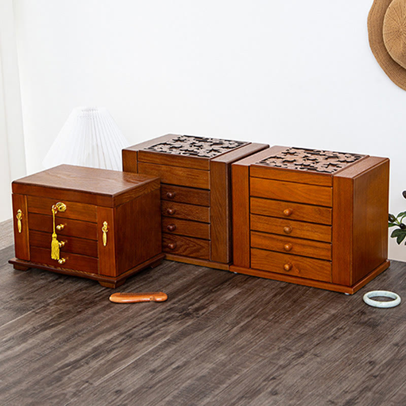 Buddha Stones Vintage Schmuckschatulle aus Holz mit großem Fassungsvermögen, Schmuckaufbewahrungsbox mit Spiegel