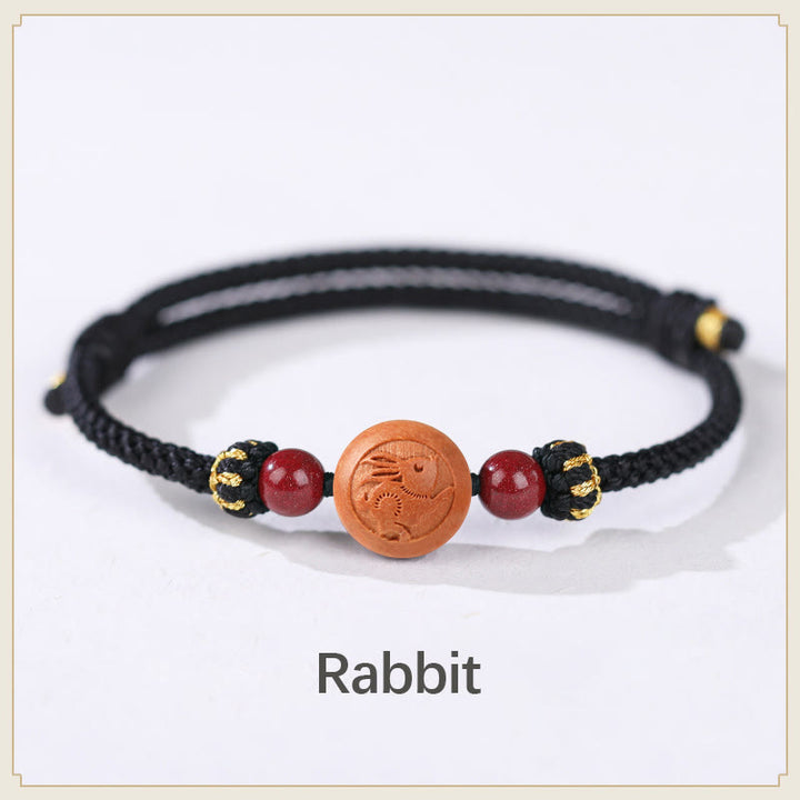 Armband mit Buddha Stonesn, natürlichem Pfirsichholz, chinesischem Sternzeichen Fu, geschnitztem Zinnober-Reichtumsarmband