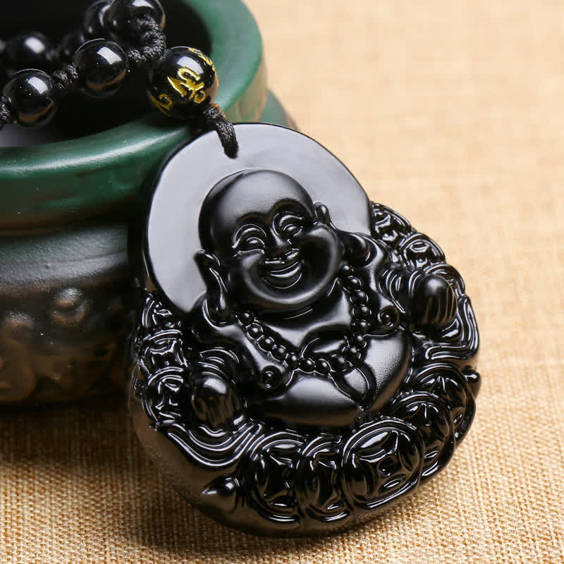 Buddha Stones Lachender Buddha Schwarzer Obsidian Kraftschutz Anhänger Halskette