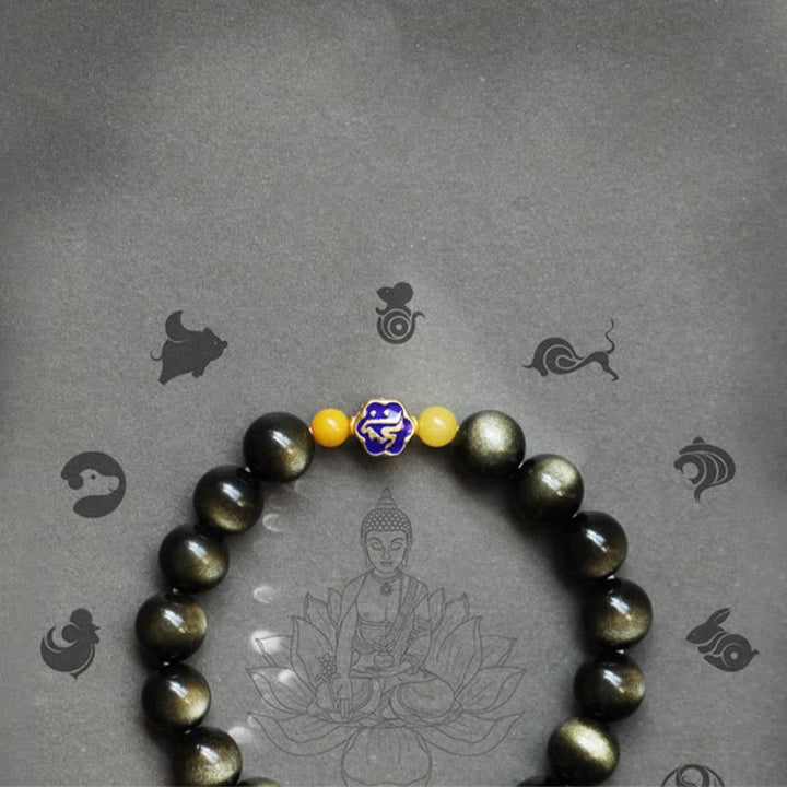 Armband mit Buddha Stonesn, 925er-Sterlingsilber, chinesisches Sternzeichen, Natal-Buddha, natürlicher Goldglanz, Obsidian-Bernstein, Reichtumsschutz-Armband