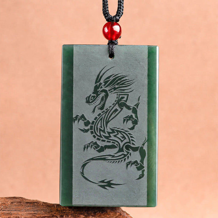 Buddha Stones Hetian Cyan Jade Dragon Gravierter Erfolgs-Halskettenanhänger