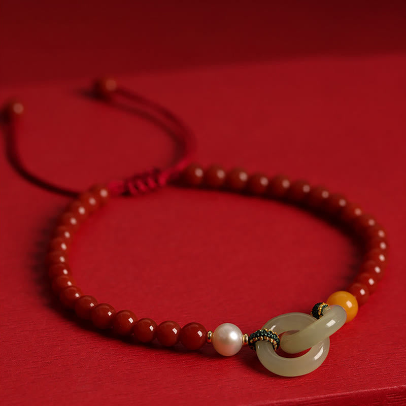 Buddha Stones Natürliches rotes Achat-Hetian-Jade-Armband mit doppelter Friedensschnalle