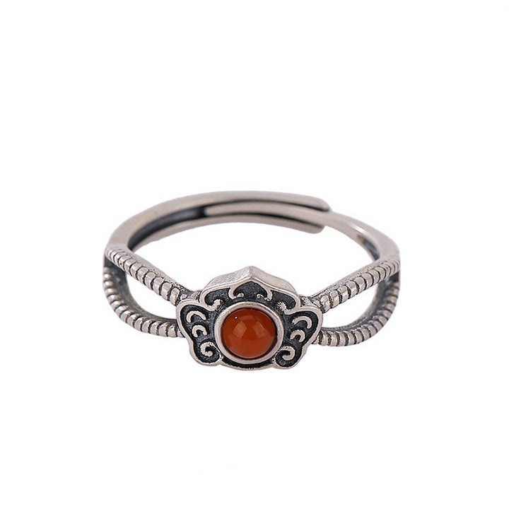 Buddha Stones Ring aus 925er-Sterlingsilber, rote Achatperle, logisches Denken