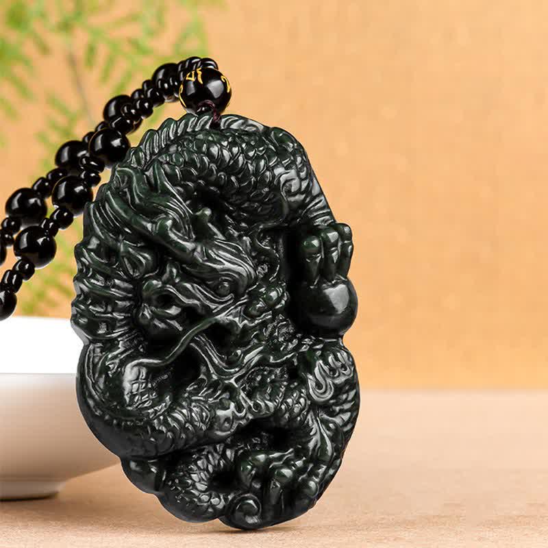 Buddha Stones Hetian Cyan Jade Dragon Success Harmony Halskette Perlenschnur Anhänger