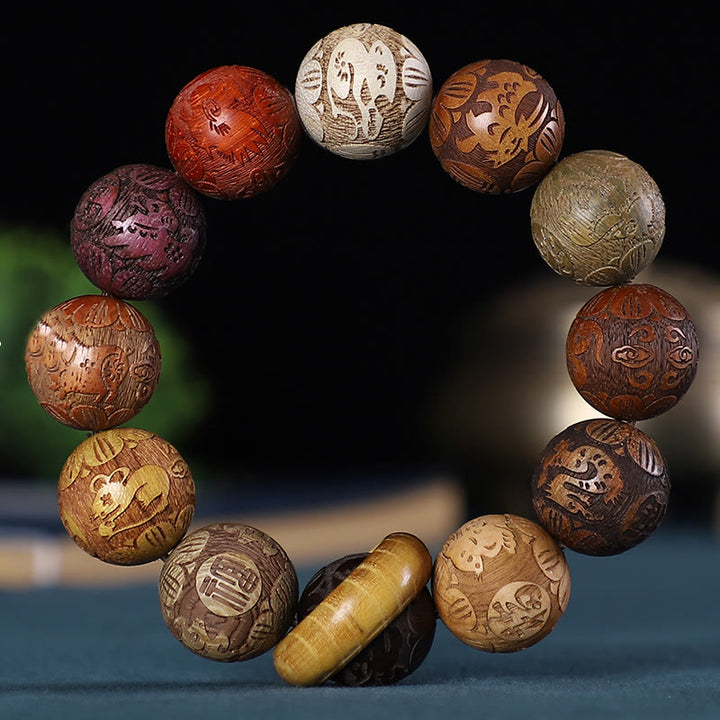 Buddha Stones, chinesisches Sternzeichen, Palisander, grünes Sandelholz, Ebenholz, Kupfer, Münze, geschnitzt, ruhiges Armband